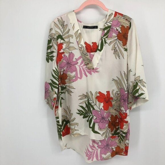 Zara floral botanical garden print ivory white V neck blouse  2/3 sleeves - Picture 14 of 14